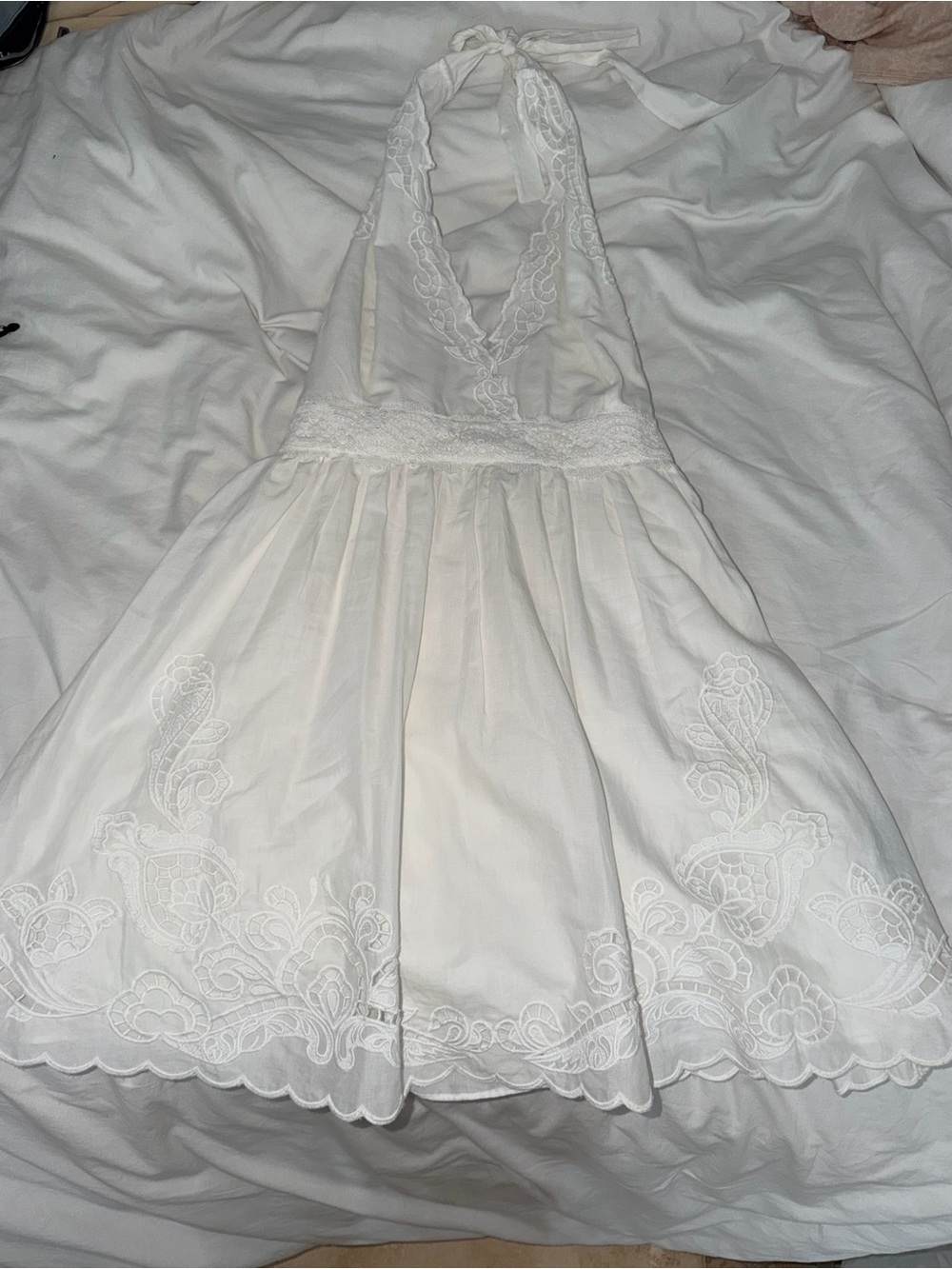 Zara White Halter Lace-Embroidered Backless Dress